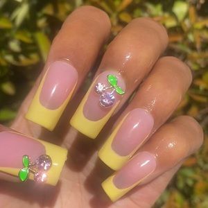 Pink Cherries & Yellow French Tip🍒💛